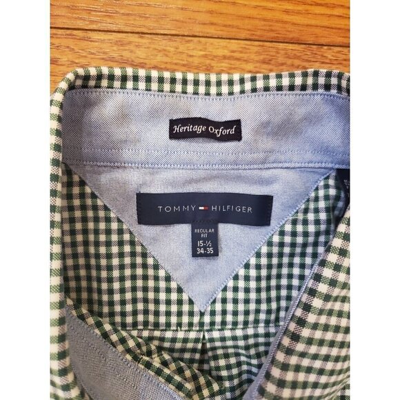 Tommy Hilfiger Shirt Men's 15.5 34-35 Green Regular Fit Checkered Button Up READ - Picture 2 of 9